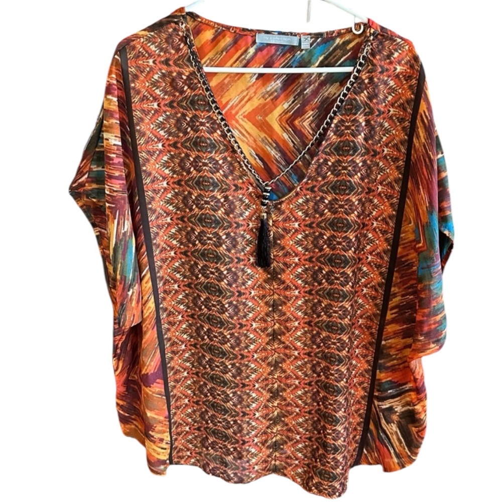 NY Collection Bohemian Style Blouse with Built in Removable “Necklace”